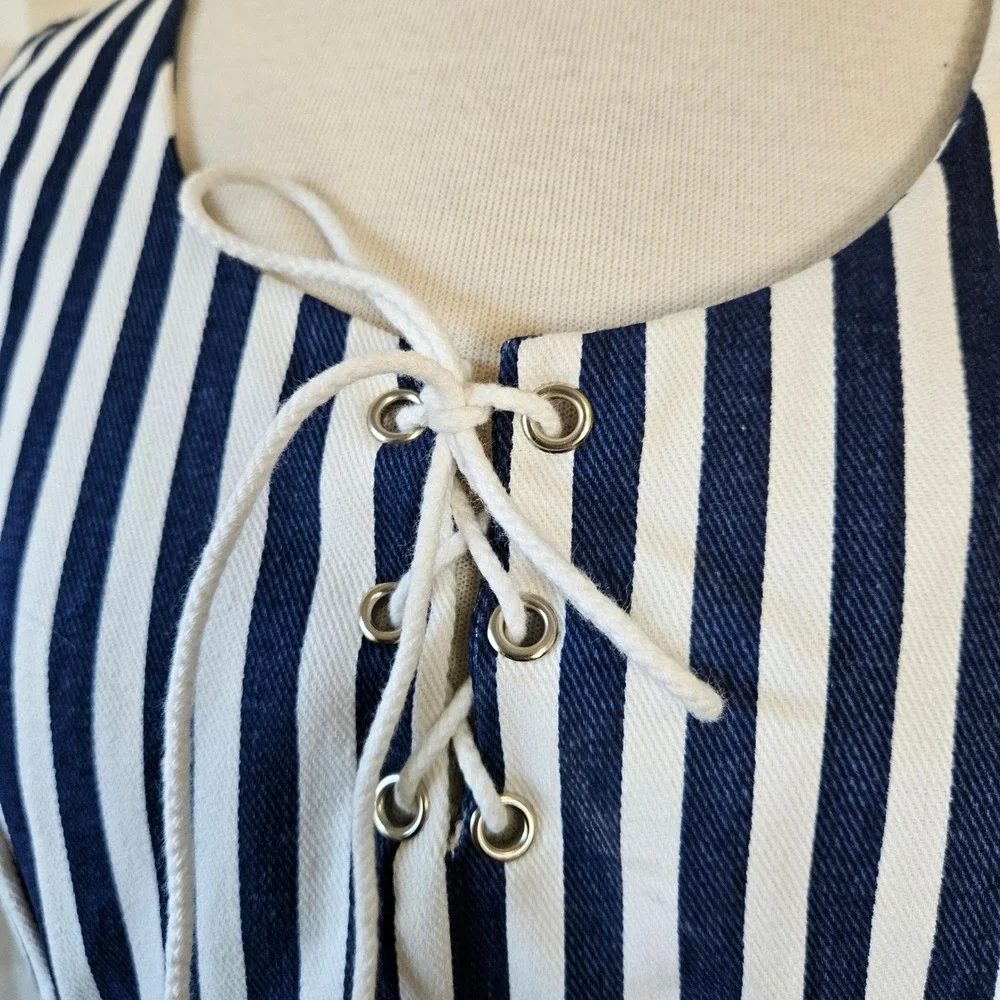 Vtg 90s‎ BANJO Dallas Texas Navy White Stripe Lace Up Top Mini Skirt Set Medium